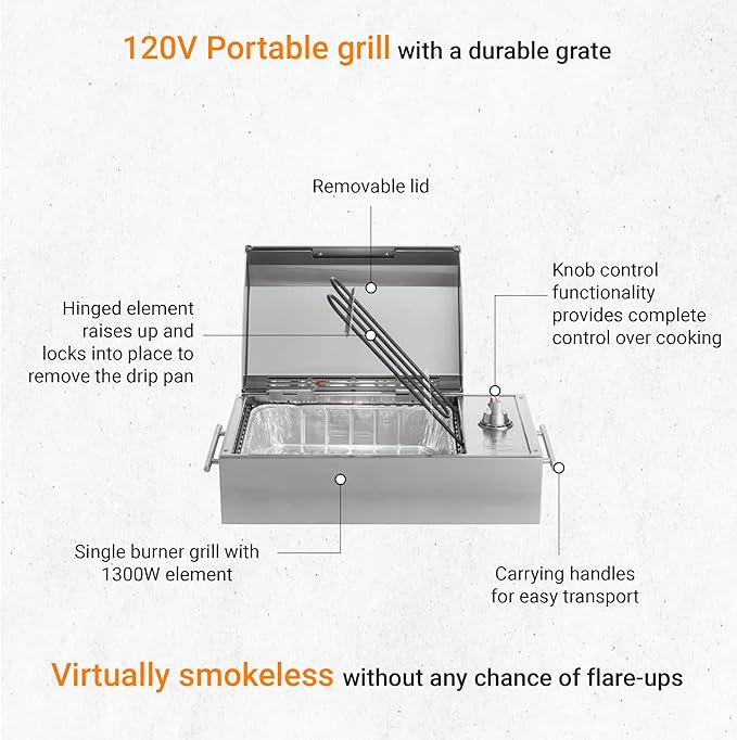 Kenyon B70200 City Grill, Portable Grill, Stainless Steel, Single Burner, Knob Control, Faceted Lid, UL Approved For Use Indoors And Outdoors, Flame-Free, 120V