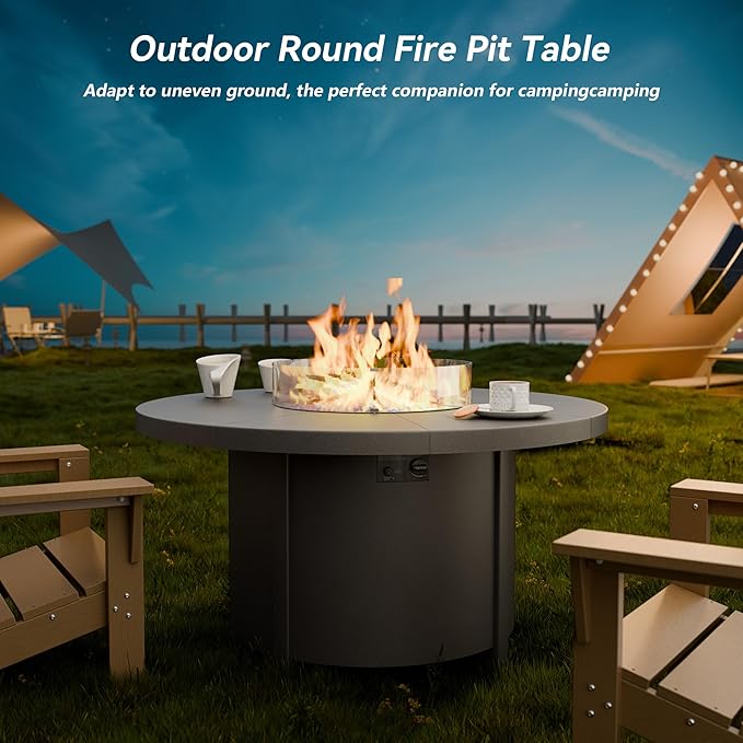 48" Round Propane Fire Pit,Steel Tabletop Fire Pit,55000 BTU Auto-Ignition Gas Fire Pits with Lid & Windproof Glass for Outdoor,Patio,Backyard