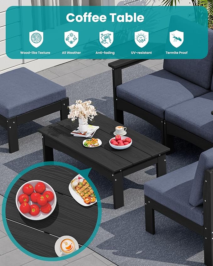 SERWALL HDPE Patio Furniture Set,7 Pieces Patio Conversation Set, All-Weather Modular Patio Sofa Set with Removable Cushions and Coffee Table for Deck, Garden, Porch, Black Frame with Grey Cushion