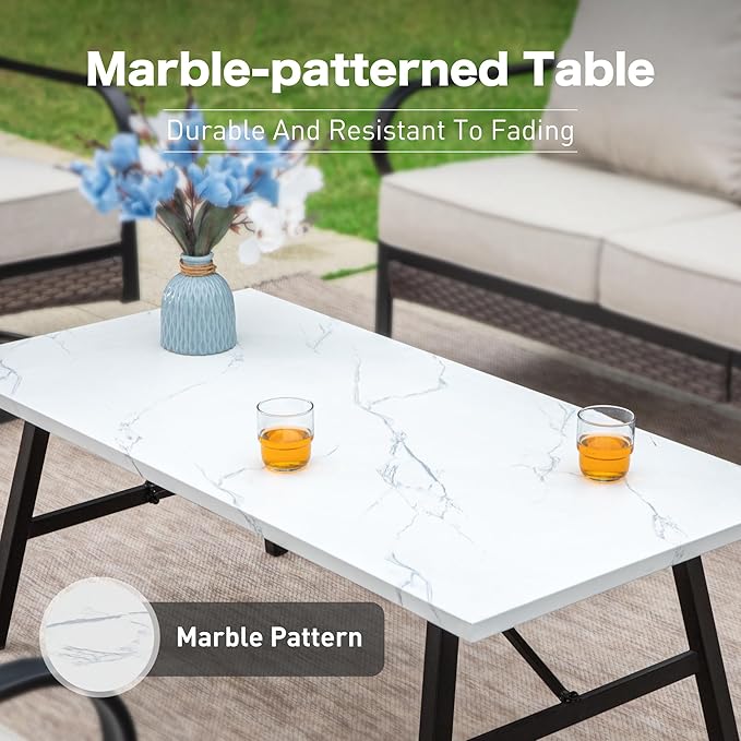 SUNSHINE VALLEY 4 Piece Metal Outdoor Patio Furniture Sets, Patio Conversation Sets 1 Loveseat, 2 Rocking Sofa with 5.75" Extra Thick Cushion and Coffee Table, Balck Frame Backyard Furniture, Beige