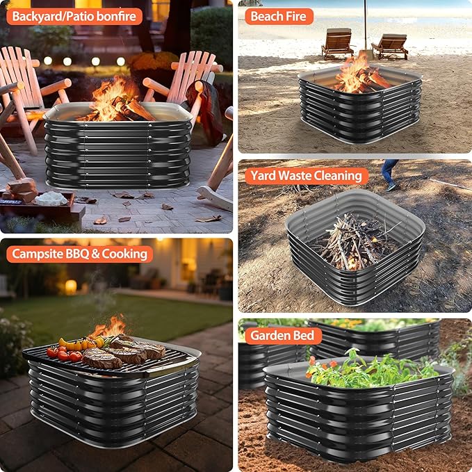 16.5''Tall Fire Pit Ring for Outside - 27IN Heavy Duty Square Wood Burning Firepit &Outdoor Fireplaces,High Heat Resistant,Galvanized Steel Metal Bonfire Pits Portable for Camping,Backyard,Beach,Patio