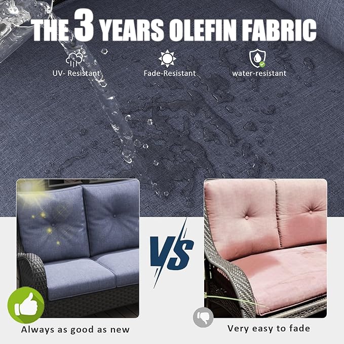 LayinSun 7 Pieces Outdoor Patio Furniture Set with Fire Pit Table, Rattan Wicker Sectional Swivel Rocker Chairs Sets with Ottomans, Swivel Glider Chairs and Coffee Table