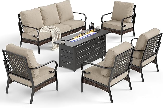 SUNSHINE VALLEY 6 Piece Black Metal Outdoor Patio Furniture Sets with Firepit Table, Patio Conversation Sets 1 3-Seater Sofa, 4 Single Sofa with 5.75" Thick Cushion Backyard Furniture for Deck, Beige