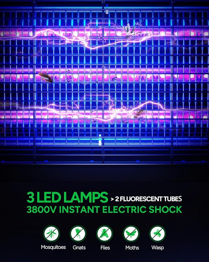 Buzbug LED Bug Zapper Indoor, 3 Lamps Enhance Insect Attraction, 3800V High-Voltage, Up to 50,000 Hrs Lifespan Lamps, Electric Mosquito Zapper, Fly Trap Mosquito Trap, Fly Killer Fly Zapper -MA009