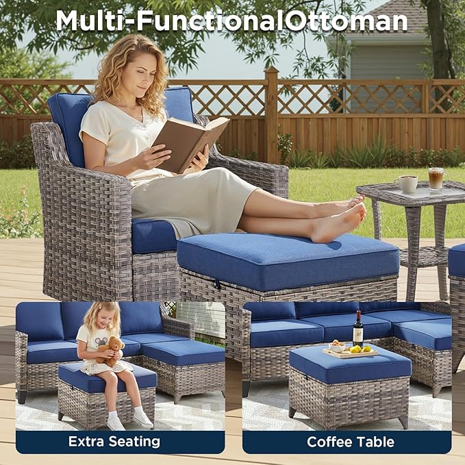 Buenhomino 3 Pieces Patio Furniture Sofa Set-Outdoor Wicker Patio Furniture Covered Couch with Multifunctional Ottoman and All-Weather Patio Conversation Set for Backyard Porch Garden Grey/Blue