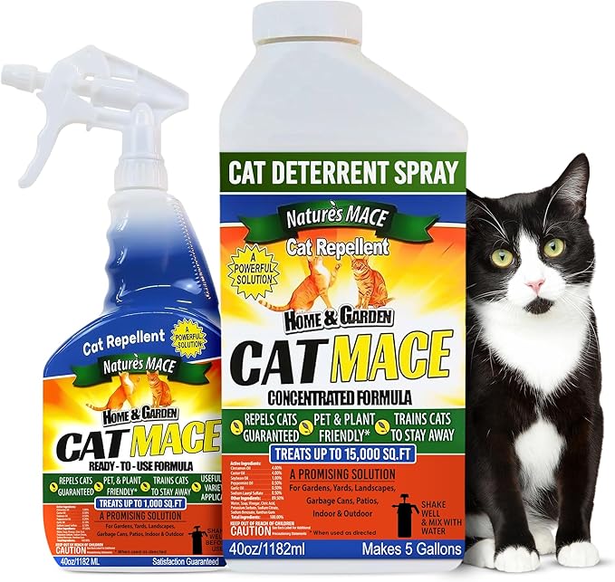 Nature's Mace Cat Mace Cat Repellent, Outdoor & Indoor, All Season Training Tool, Chewing, Digging, Marking, Keep Cats Off of Lawn, Garden, Pee Deterrent, Pets, Plants, 40 oz Spray & Concentrate