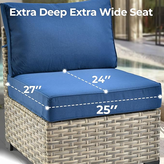 HOOOWOOO Outdoor Sectional Patio Furniture Set with Fire Pit Table,10 Pieces Wicker Conversation Sets L Shaped Couch,Extra Deep Out Door Sofa Outside Furniture with Swivel Chairs,Navy Blue