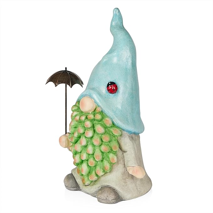 Alpine Corporation 18" Tall Outdoor Turquoise Hat Gnome Statue Holding Silver Umbrella, Playful Weatherproof Garden Decor