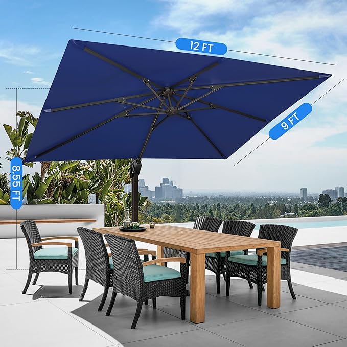 9' X 12' Cantilever Patio Umbrella Rectangular Outdoor Large Offset Umbrellas with 7 Tilts Adjustable 360°Rotation for Deck Pool Garden Backyard, Navy
