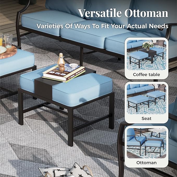 Patio Furniture Set, 6 Pcs Metal Outdoor Conversation Set, 2 Single Chairs, 2 Ottomans and 3 Seater Sofa with 5.75" Extra Thick Cushion and Gas Fire Pit Table, Blue