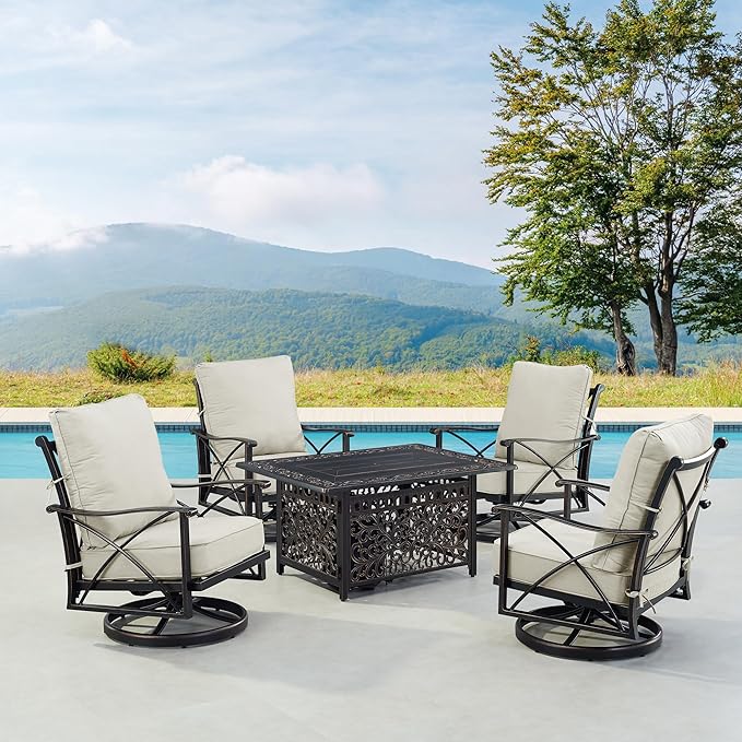 Oakland Living Black Aluminum Patio Fire Table Set with Four Club Chairs