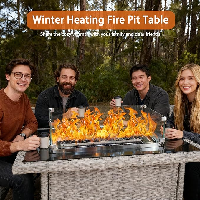 28 Inch Propane Fire Pit Table, 50,000 BTU Square Gas Fire Pit Table with Steel Lid, 2-in-1 Fire Table with Fire Glass for Patio, Garden & Backyard Gatherings, Black