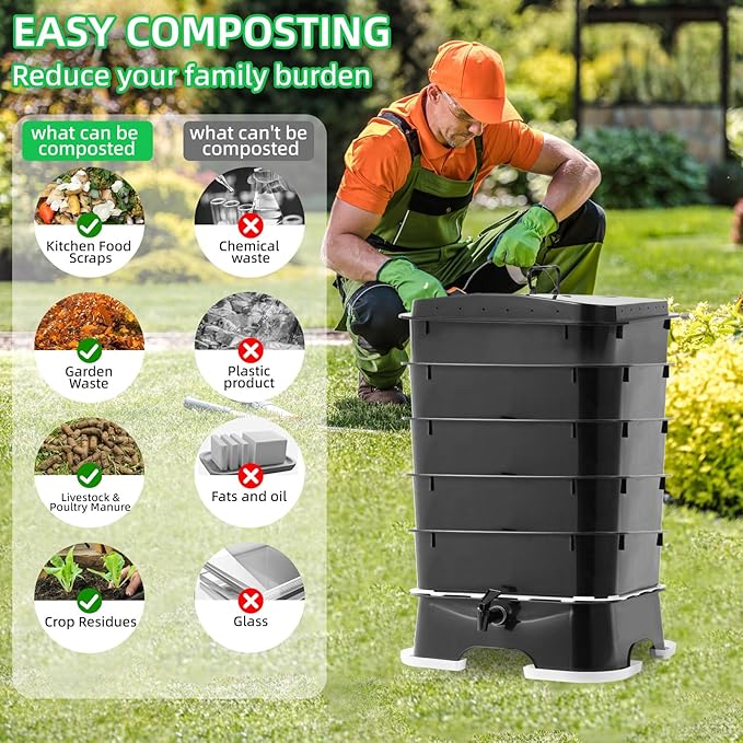 5-Tray Worm Compost Bin, Worm Composter for Outdoor & Indoor, 5-Tray ecocultivatify Wormie's Home Plus, Worm Bin Set for Recycling Household Waste (Black)