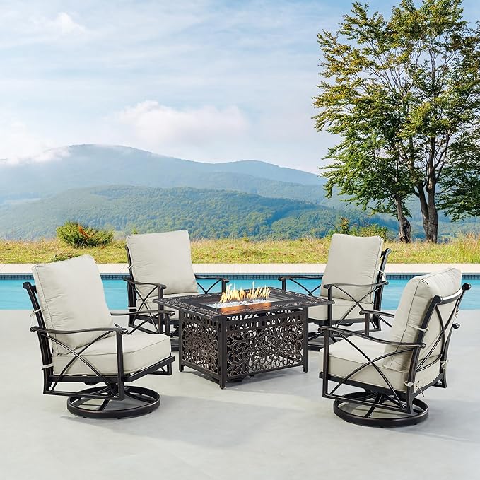 Oakland Living Black Aluminum Patio Fire Table Set with Four Club Chairs