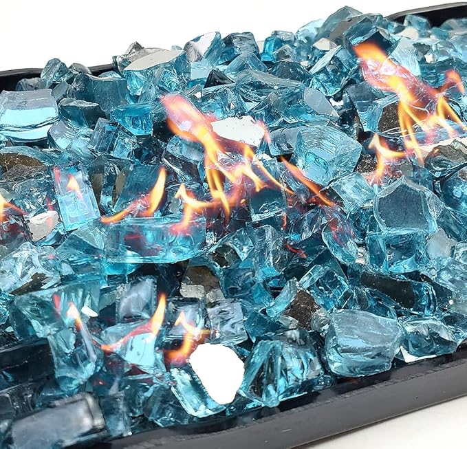 Fire Glass for Propane Fire Pit, 1/2 Inch High Reflective Fireplace Glass Rocks for Fire Pit Table, 10 lbs Fire Pit Glass Rocks for Outdoor Fire Table and Landscaping, Aqua Blue