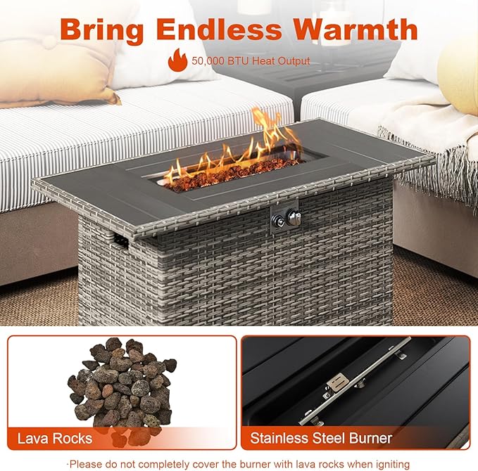 Tangkula 44.5 Inch Propane Fire Pit Table, Outdoor Rattan Gas Firepit with Metal Slatted Tabletop & Stainless Steel Burner, Rectangle Fire Pit with Lava Rocks & Protective Cover for Outside Patio