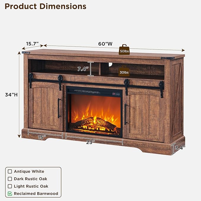 OKD Farmhouse Fireplace TV Stand for 70 Inch TV, 34" Tall Highboy Entertainment Center with 23" Electric Fireplace, Rustic Media Console w/Sliding Arched Door for Living Room,Reclaimed Barnwood