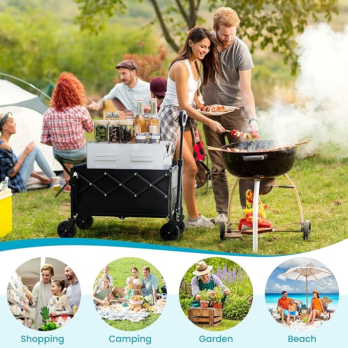 Small Collapsible Wagon with Extended Tailgate, Wagons Carts Folding with 300lbs Capacity, Lightweight Portable Utility Wagon Cart for Shopping Camping Sports Garden(Black)