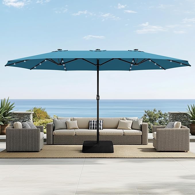 Sophia & William 15 ft Extra Large Patio Umbrella with Solar Lights, Rectangular Outdoor Umbrella with Base Included, Market Umbrella Double-sided Heavy Duty for Pool Garden Backyard, Cyan-blue