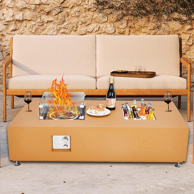 56 in Propane Fire Pit Table with Ice Bucket，50000BTU Fire Table with 13 in Square Drink Ice Bucket Wind Guard, Fire Glass Beads & CSA Safety Certified Outdoor Firepit for Patio Yard Garden(Orange)
