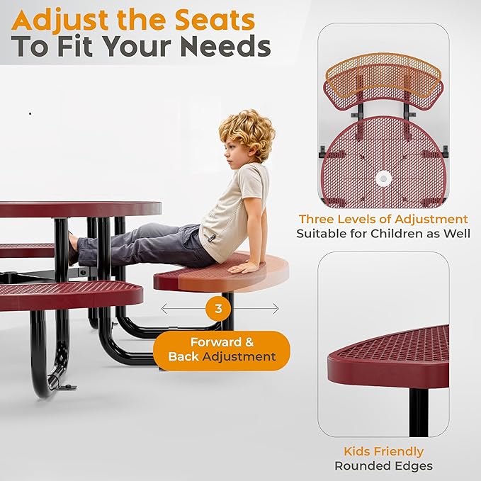 OUTTANS Round Metal Picnic Tables for Kids for Outdoors with Umbrella Hole, Adjustable Seats for School, Park, Playground (Red, 38 in, Kids, Expanded Steel)