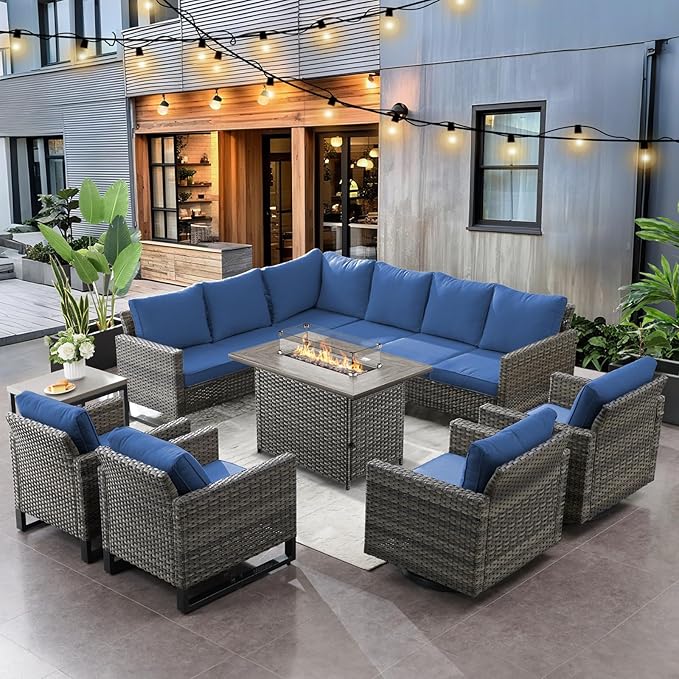HUMMUH 8 Piece Patio Furniture with Fire Pit,PE Wicker Outdoor Conversation Sets-6-Seater Sofa,Patio Swivel Chairs Outdoor Chairs, Propane Fire Pit,Side Table for Porch,Garden,Backyard
