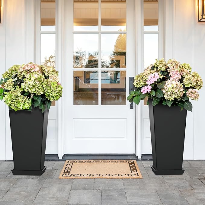 Set of 4 24" Tall Plastic Planters with Trays, Large Tapered Plant Pots for Indoor Outdoor Use, Modern Decorative Planters for Porch, Patio, Garden, and Backyard