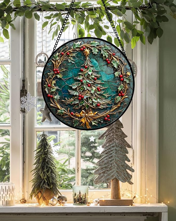 DASTOLL Stained Glass Window Hangings - Red Gold Green Wreath Suncatcher for Door Home Christmas Tree Decoration Sun Catcher Thanksgiving New Year Birthday Gift for Women Men Mom Grandma 11.8 in