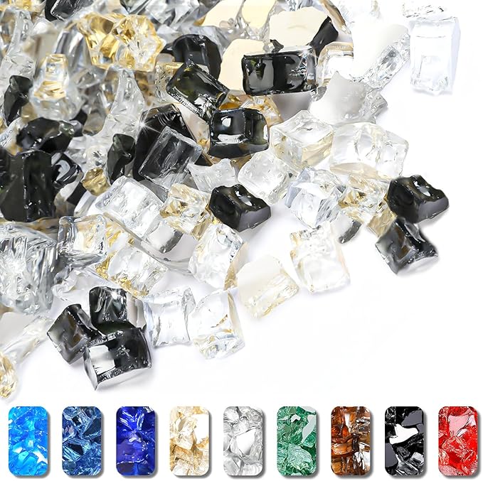 Grisun Fire Glass for Fire Pit, 1/2 Inch 10 Pounds High Luster Reflective Tempered Glass Rocks for Natural or Propane Fireplace, Safe for Outdoors or Indoors Firepit