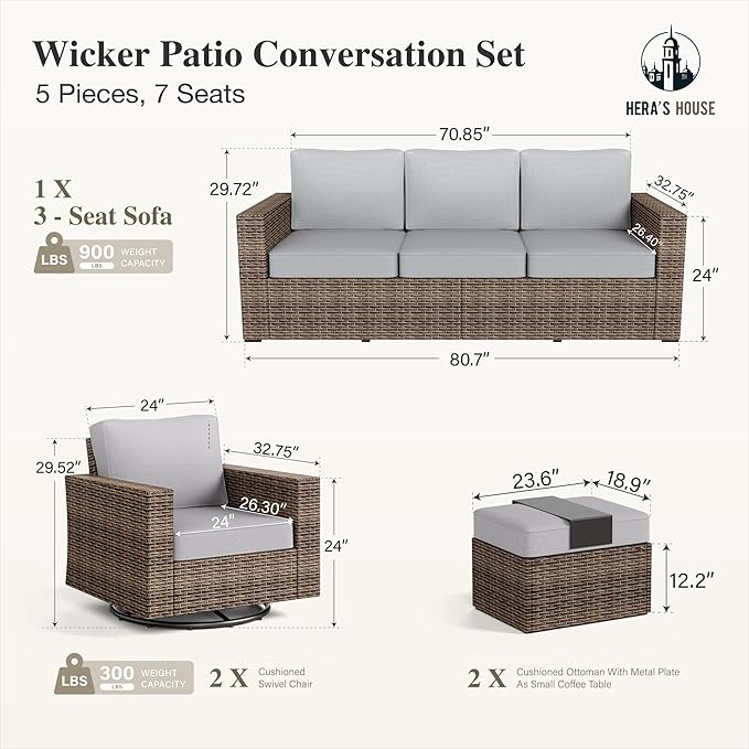 HERA'S HOUSE Swivel Glide Patio Furniture Set with 4.92" Widened Armrest Chairs, Outdoor Conversation Set, 5 Pieces Deep Seating Yellow Rattan Sofa with 5.5" Gray Cushions for Deck Garden Yard