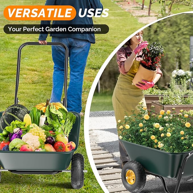 VINGLI 2 Wheel Wheelbarrow, Plastic and Steel Wheel Barrel, 300lbs Capacity Garden Cart for Lawn, Gardening, Construction