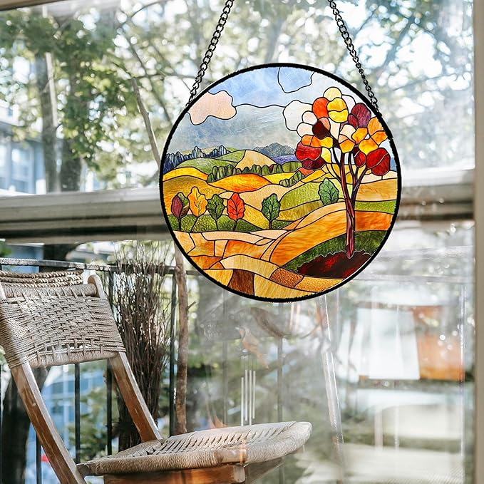 QZQCBLC Stained Glass Window Hanging Orange Mountains Trees Farm Landscape Large 11.8" - Suncatcher Door Garden Sun Catcher Home Decor Birthday Christmas for Mom Men Woman Friend