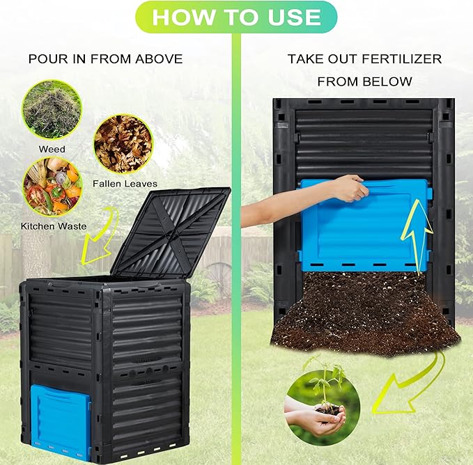 Azaeahom Garden Compost Bin 80 Gallon (300L) Large, Outdoor Composter from PP Material,Composting Box Easy Assembly & Many Vents, Fast Creation of Fertile Soil, Lightweight & Sturdy