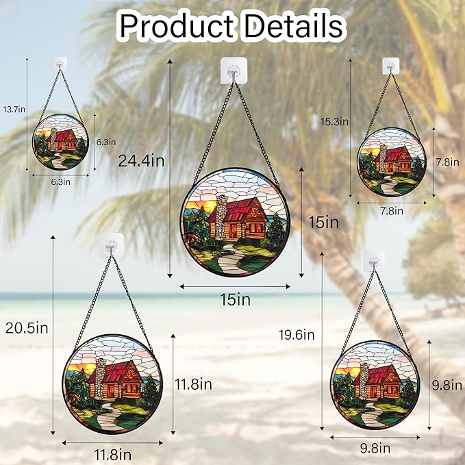 QZQCBLC Stained Glass Window Hanging Red Wooden House Pastoral Scenery 9.8" - Suncatcher Door Garden Sun Catcher Home Decor Birthday Christmas for Mom Men Woman Nana Friend