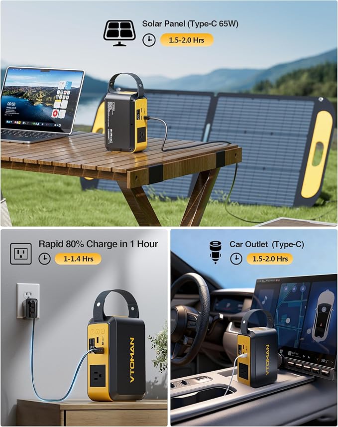 VTOMAN Jump100 88.8Wh Portable Power Station LiFePO4 Battery Solar Generator Power Bank with 100W AC Outlet, LED Light, PD 60W USB-C Fast Charging for Notebooks Mobile Phones Camera Tablets, Camping