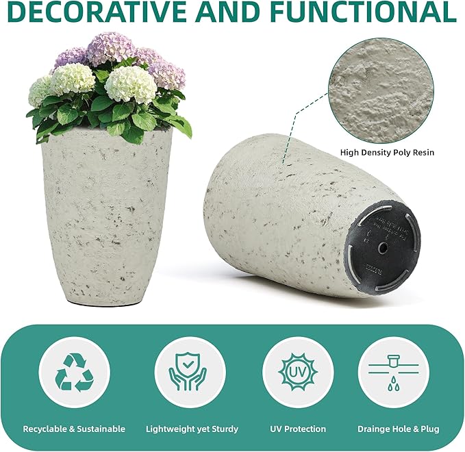 19.5" Plant Pots Tall Resin Planters for Plants Set of 2 Outdoor Country Large Flower Pot Front Porch Decor Handmade Birch Bark Texture Heavy-Duty Weather-Resistant Home Garden Indoor White
