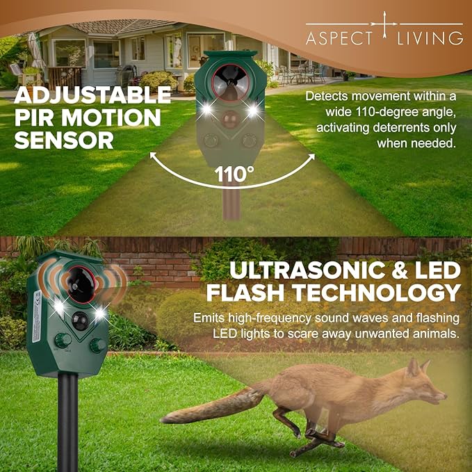 4 Pack Solar Ultrasonic Animal Repeller Outdoor – Motion Sensor Activated Deer Repellent with Flashing Lights & Sound, IP65 Waterproof, Deterrent for Cats, Dogs, Raccoons, Skunks, Birds