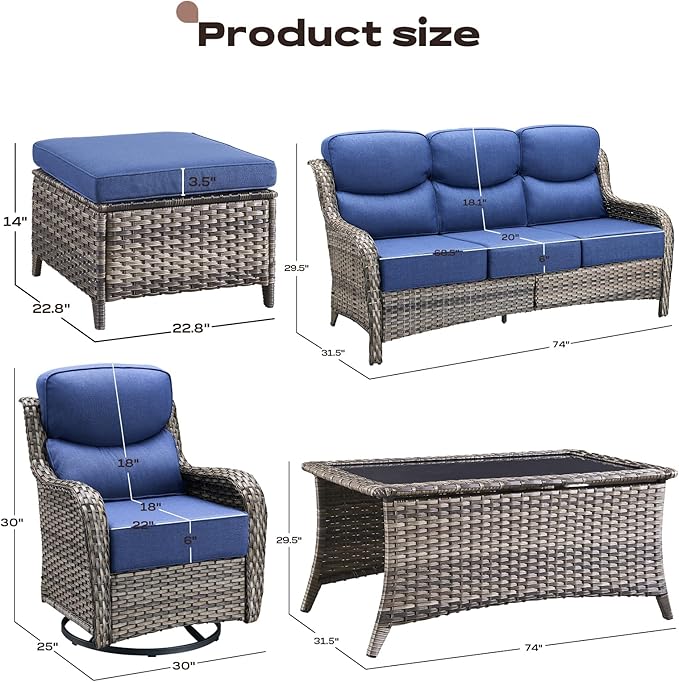 Rilyson Wicker Outdoor Patio Furniture Set - 8 Piece Patio Conversation Sets with Swivel Rocker Chairs, Ottomans, Sofa and Coffee Table, 6 inch Cushions, Deep Seating, for Porch Deck Mixed Grey/Blue