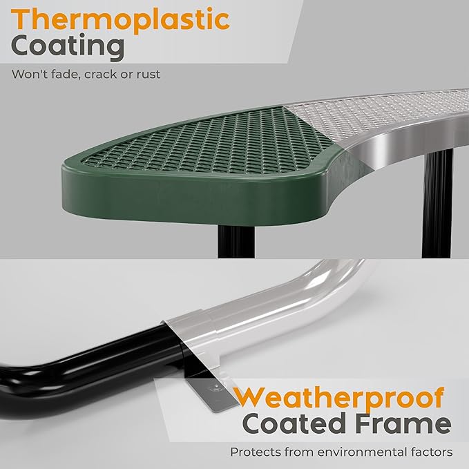 Metal Picnic Tables for Outdoors with Umbrella Hole - Coated Steel Heavy Duty Commercial Grade Furniture Set with Adjustable Seats (Green, 38 in, Round, Expanded Steel)