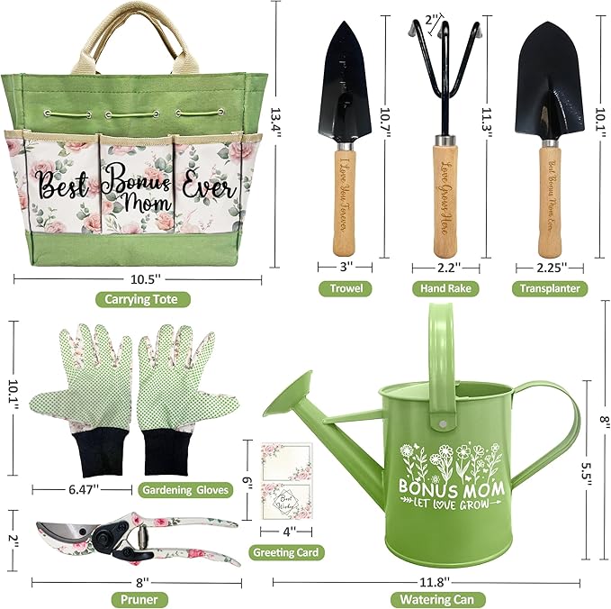 Bonus Mom Gifts, Garden Kit Christmas Bonus Mom Gifts from Bonus Daughter Floral Gardening Tools and Durable Garden Tools Organizer Tote, Gardening Set for Women on Birthday Plant Lover Present