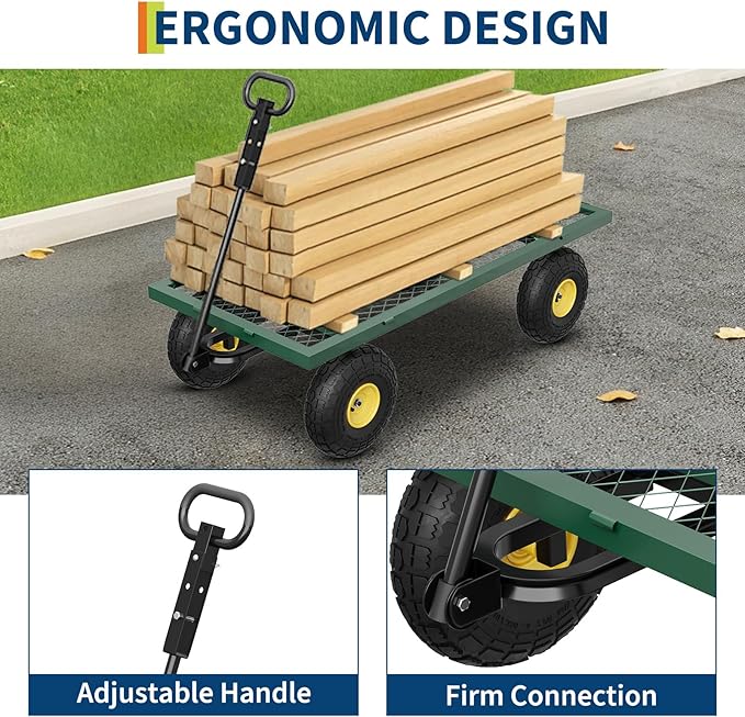 900 LBS Garden Cart on Wheels with Adjustable Handles, Heavy Duty Steel Garden Wagon with Removable Mesh Sides to Convert into Flatbed, Wagon Cart for Lawn Farm Yard, Green