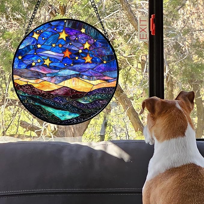 QZQCBLC Colorful Starry Sky Mountain Landscape Suncatcher 9.8" - HD UV Print Stained Glass Window Hanging Sun Catcher Door Garden Home Decor Birthday Mother's Day for Mom Men Woman Nana