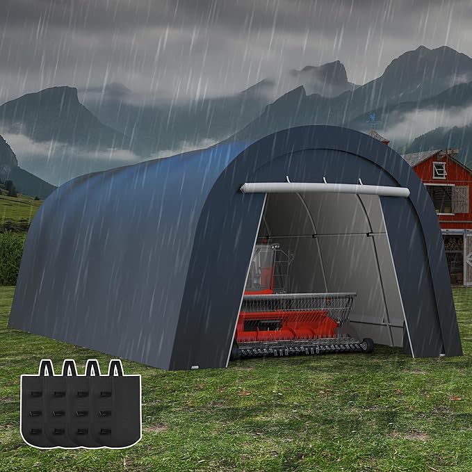 Kiss the Water Domed Carport with 4 Cloth Bags, Portable Garage with 2 Roll-up Doors, Heavy Duty Car Canopy Party Tent, All-Season Storage Shelter Shed for Boat, Truck, or Garden Tools, 12' x 25'