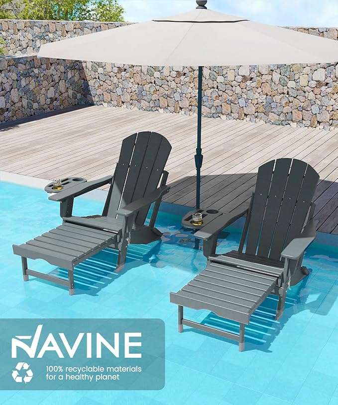 Adjustable Adirondack Chair with Retractable Ottoman Set of 2, HDPE Folding Adirondack Chair with Cup Holder, All Weather Fire Pit Chair for Outdoor.