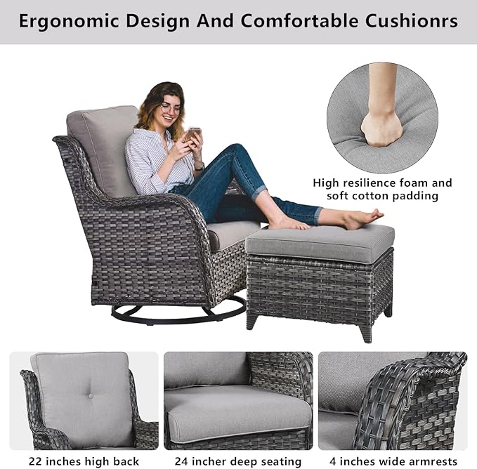 Belord Wicker Patio Furniture Sets - 8 Piece Outdoor Rattan Furniture Conversation Sets with 4 Swivel Rocker Chairs, Rattan Sofa, Wicker Ottomans and Coffee Table, Mixed Grey/Grey