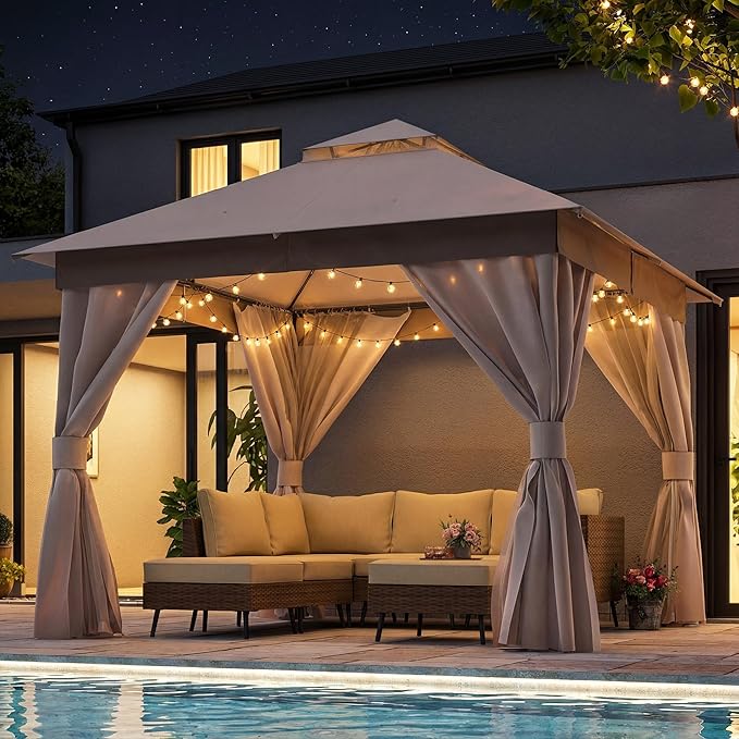 LAUSAINT HOME Outdoor Patio Gazebo 10'x10' with Expansion Bolts, Heavy Duty Party Tent & Shelter with Double Roofs, Mosquito Nettings and Privacy Screens for Backyard (Khaki)