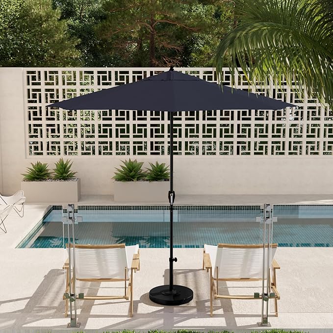 California Umbrella 9' Rd Aluminum Patio Umbrella, Crank Lift, Auto Tilt, Black Finish, Sunbrella Indigo
