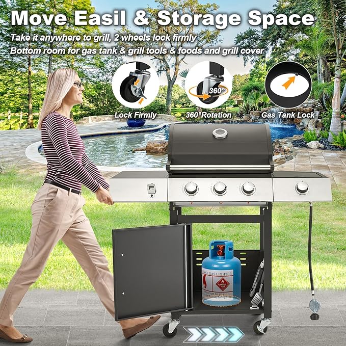 MELLCOM Upgraded 36,000 BTU Stainless Steel Burner Barbecue Grill, 3 Burner BBQ Propane Gas Grill with Cast Iron Grates & Side Stove for Patio, Camping, Outdoor Cooking