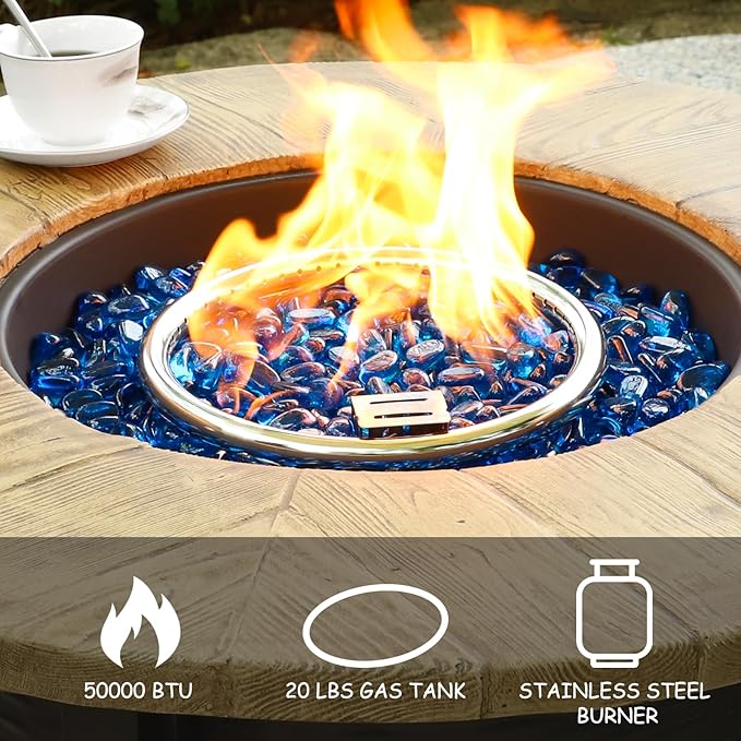 30 Inch Round Propane Fire Pit,50,000 BTU Iron Gas Firepit with Ignition Systems,w/Lid,Glass Stones,Outdoor Fire Table for Outside Patio,Deck-Black