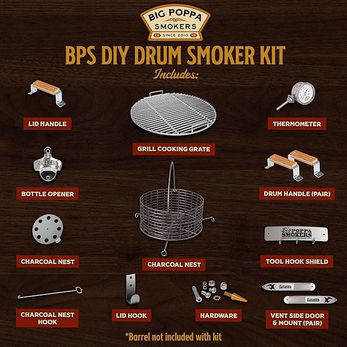 Big Poppa's DIY Drum Smoker Kit - Convert a 55 Gallon Drum into a Premium BBQ Grill - Unleash Your Inner Pitmaster & Craft Your Customize BBQ Setting with our Smoker Accessories